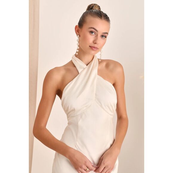 Lulus Start of Forever Ivory Satin Halter Mermaid Maxi Dress Size XS NWT - Picture 3 of 9